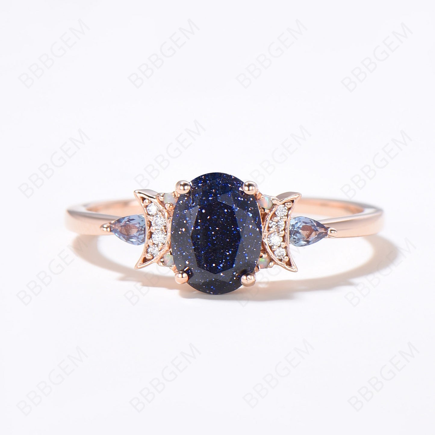 Oval Cut Galaxy Blue Sandstone Engagement Ring Crescent Moon Moissanite Cluster Promise Ring Rose Gold Starry Goldstone Nebula Ring