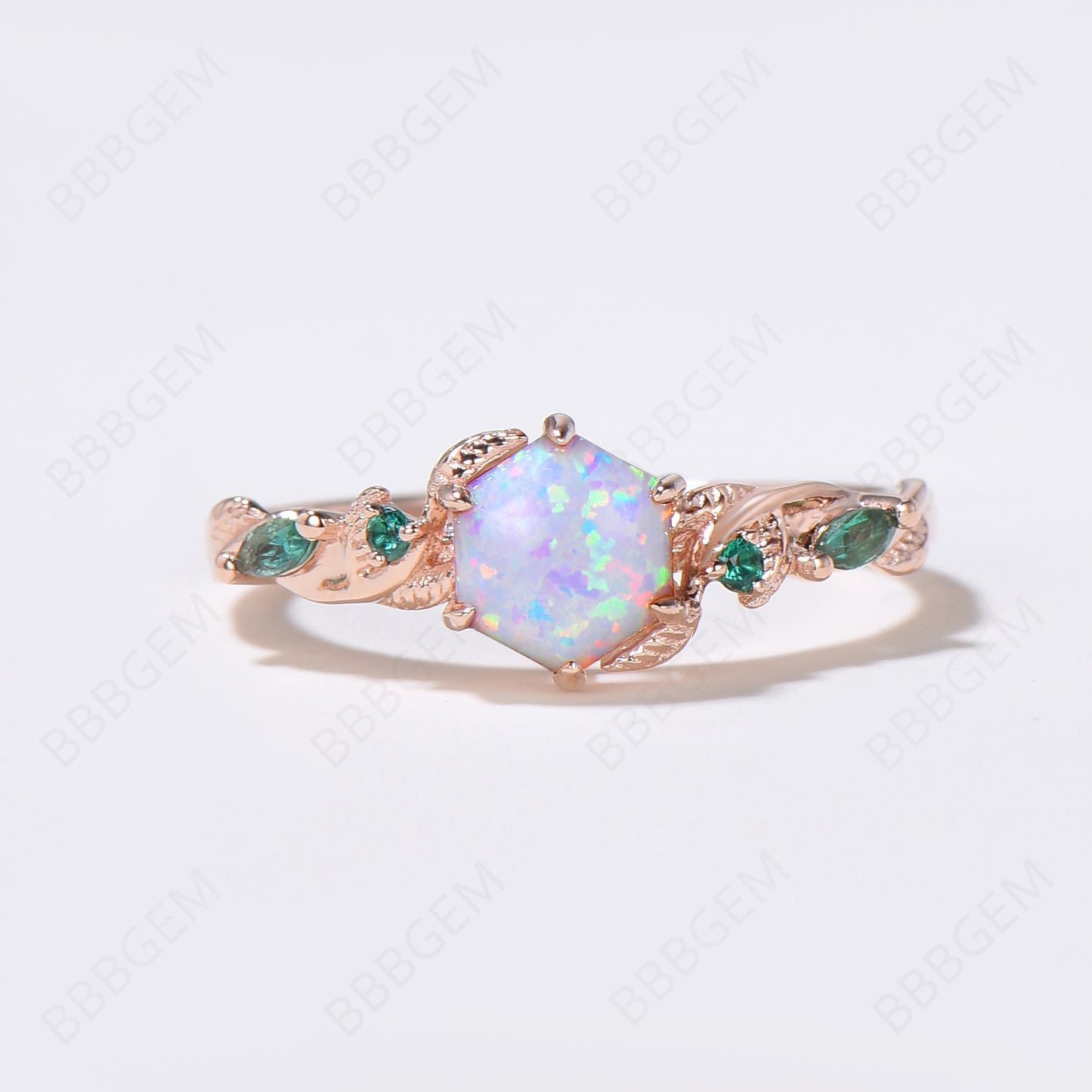 Leaf Vine Opal Bridal Ring Set 10K Rose Gold Hexagon Cut White Opal Engagement Ring Nature Inspired Branch Emerald Ring October Birthstone Ring