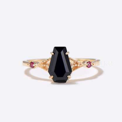 Coffin Shaped Black Onyx Engagement Ring Milgrain Ruby Ring