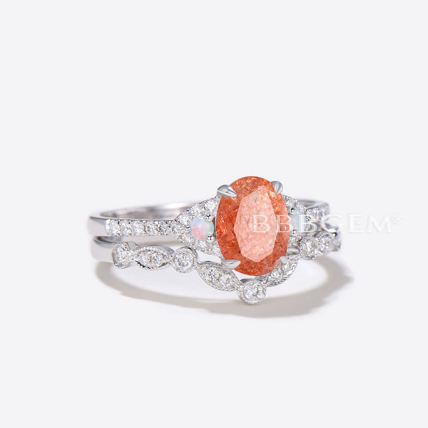 Oval Sunstone Engagement Ring White Gold Cluster Diamond Wedding Ring