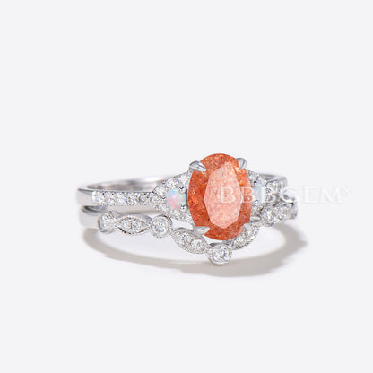 Oval Sunstone Engagement Ring White Gold Cluster Diamond Wedding Ring