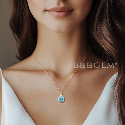 Teardrop Natural Turquoise Necklace 14K Gold Halo Diamond Pendant