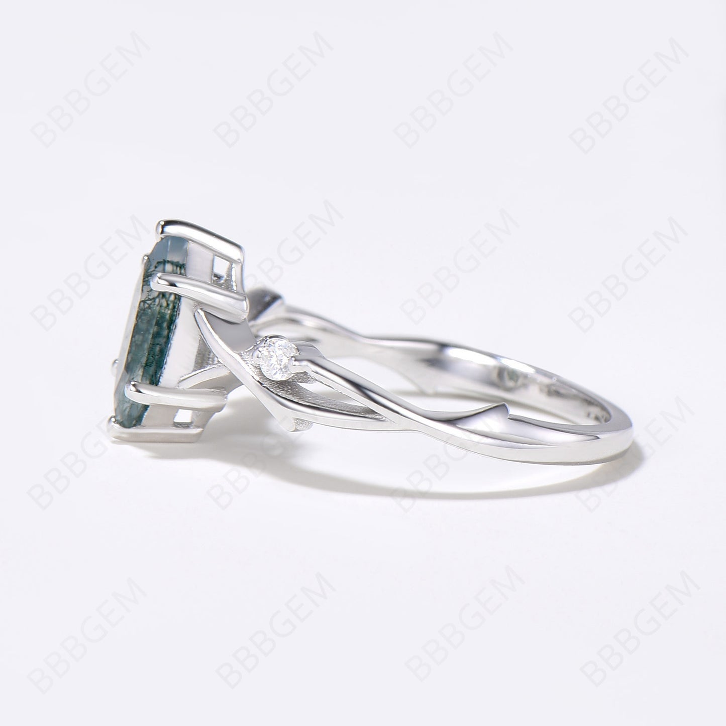 Women Moss Agate Long Hexagon Ring Twig Branch Green Agate Elongated Promise Ring White Gold 925 Silver