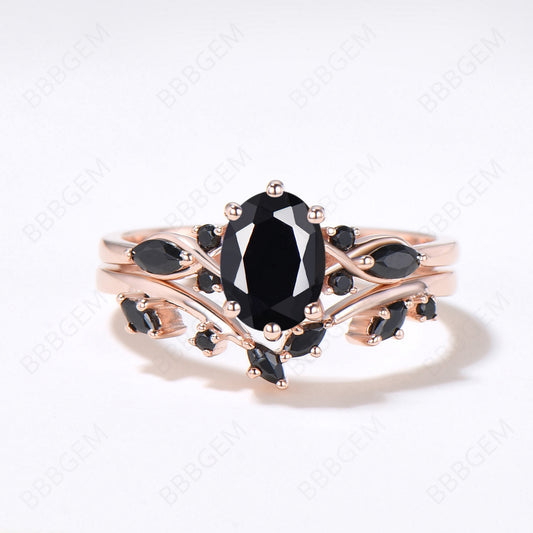 Cluster Oval Natural Black Onyx Engagement Ring Set