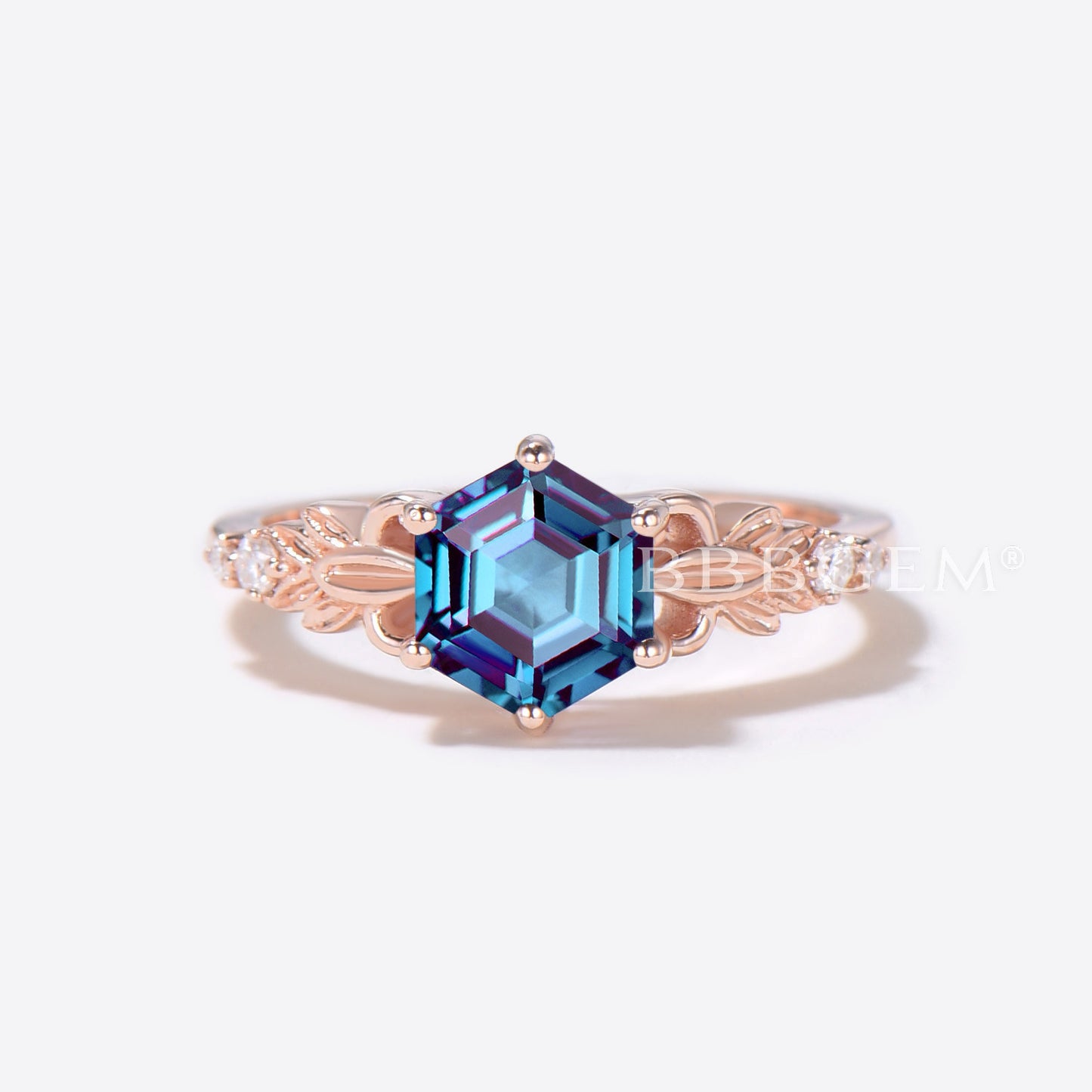 Leaf Engagement Ring Hexagon Cut Alexandrite Wedding Ring Set