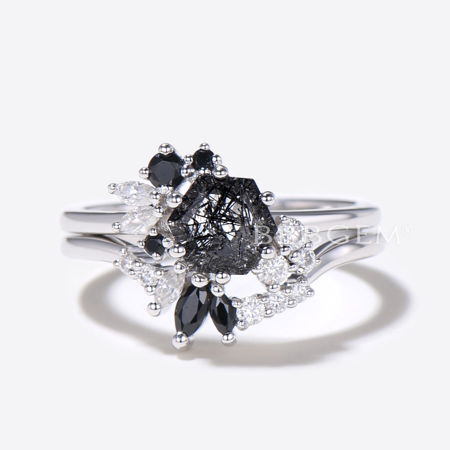 Hexagon Cut Black Rutilated Quartz Ring Cluster Moissanite Ring