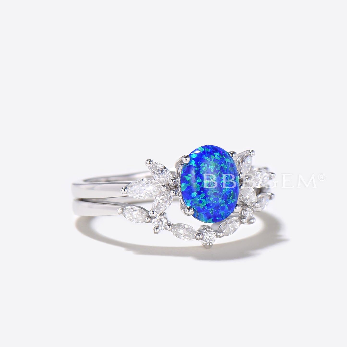 Oval Blue Opal Engagement Ring Set 7 Stone Diamond Bridal Ring Set