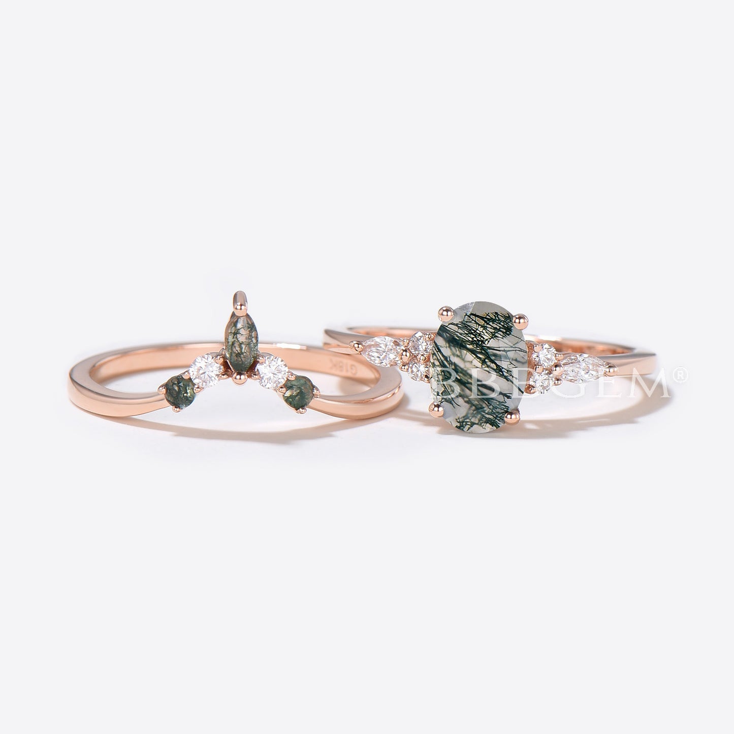 7 Stone Moss Agate Engagement Ring Set Moissanite Bridal Set