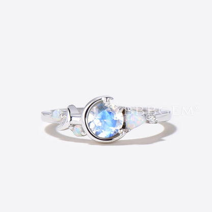 Moon Star Round Natural Moonstone Engagement Ring Opal Wedding Ring