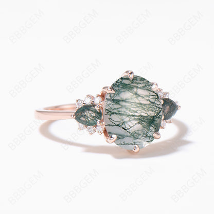 2CT Oval Natural Moss Agate Engagement Ring Vintage Pear Cut Green Agate Wedding Ring 14K Rose Gold Cluster Moissanite Ring