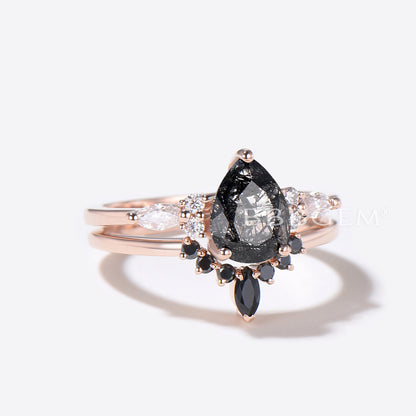 Black Rutilated Quartz Engagement Ring Moissanite Spinel Ring