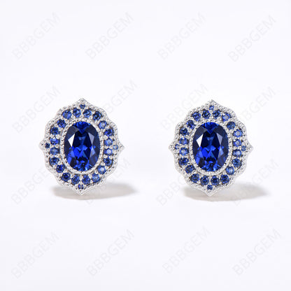 Milgrain Sapphire Studs Earrings Vintage Oval Cut Blue Sapphire Studs 14K White Gold September Birthstone Earrings Blue Gemstone Halo Wedding Earrings