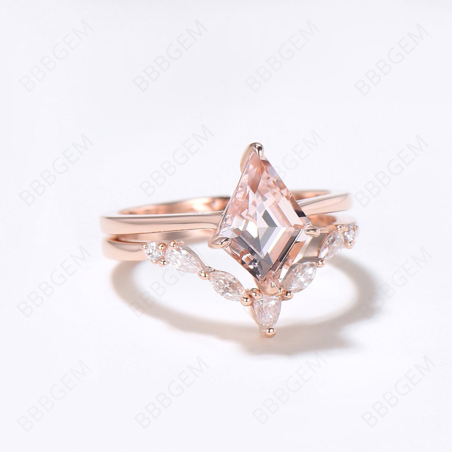 Rose Gold Peach Morganite Engagement Ring Set Unique Kite Cut Natural Peach Morganite Solitaire Bridal Ring Moissanite Curved Wedding Ring