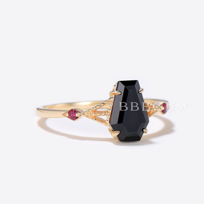 Coffin Shaped Black Onyx Engagement Ring Milgrain Ruby Ring