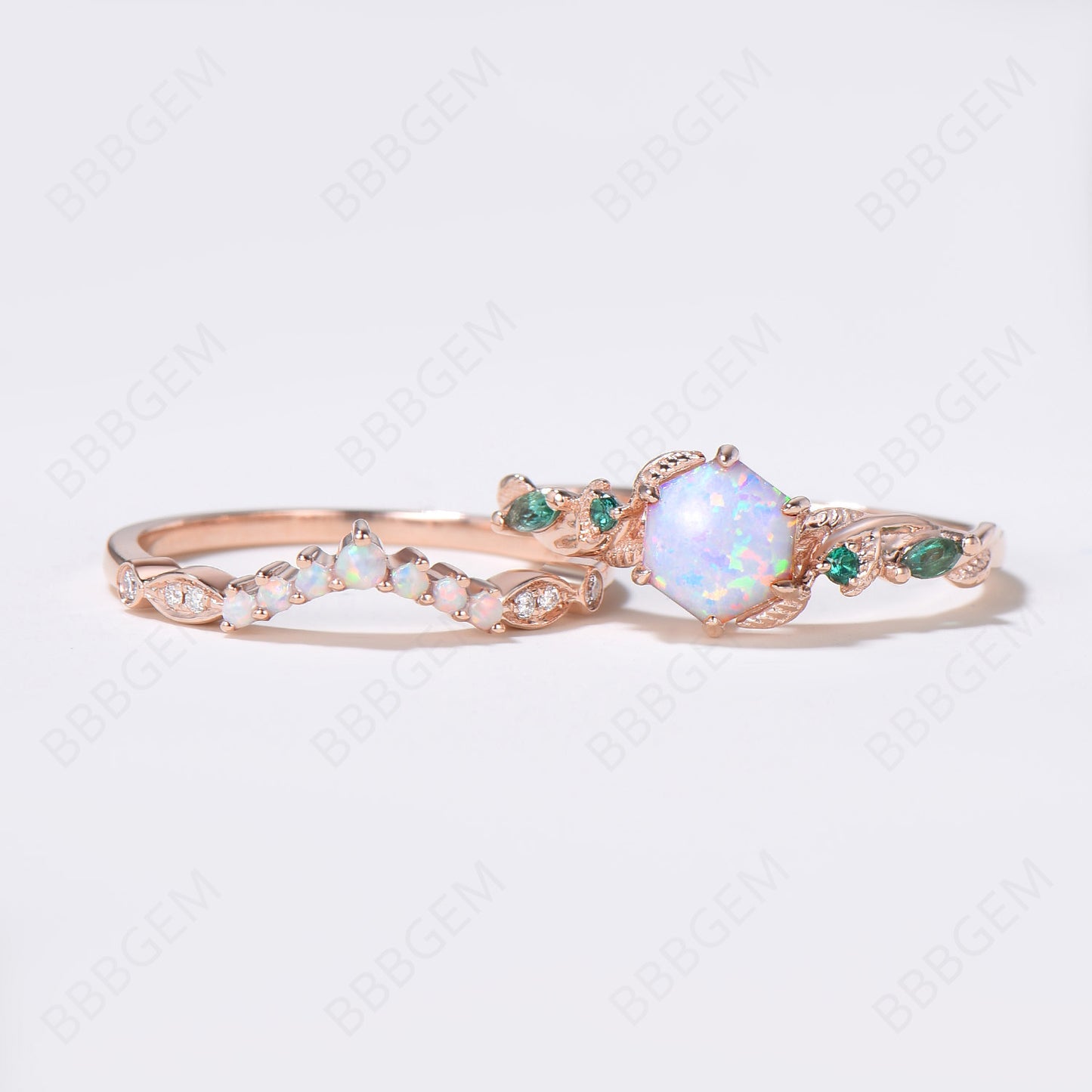 Leaf Vine Opal Bridal Ring Set 10K Rose Gold Hexagon Cut White Opal Engagement Ring Nature Inspired Branch Emerald Ring October Birthstone Ring