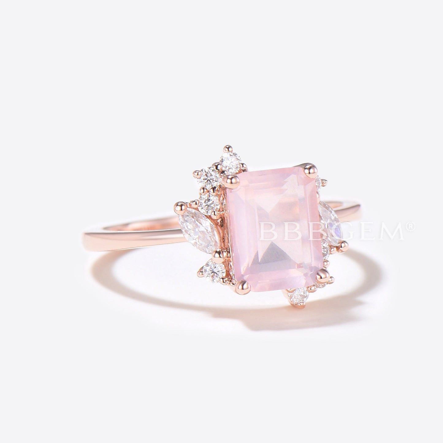 Emerald Cut Rose Quartz Engagement Ring Cluster Diamond Ring