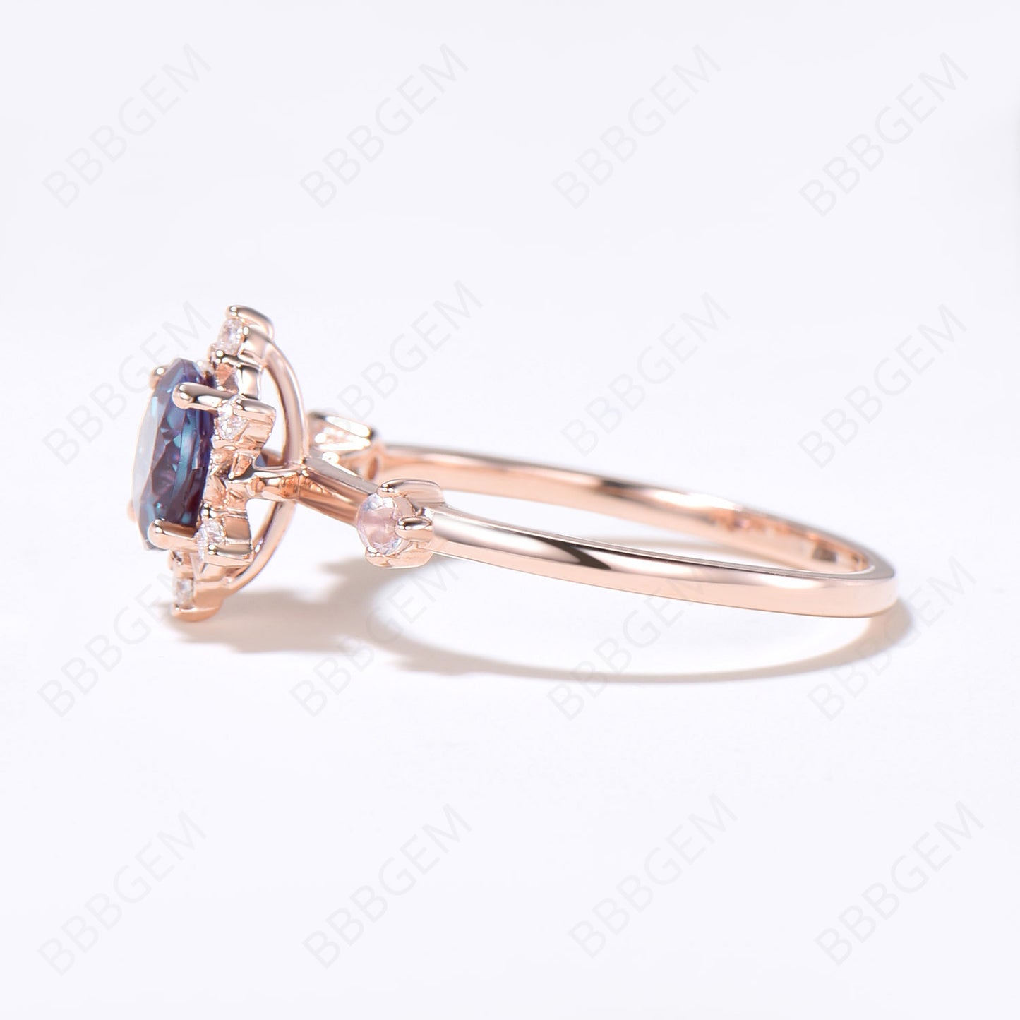 Floral Engagement Ring Rose Gold Round Alexandrite Halo Ring