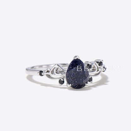 Sailor Moon Pear Cut Galaxy Blue Sandstone Engagement Ring 7 Stone Ring