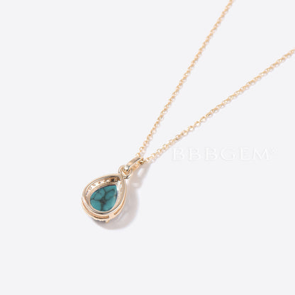 Teardrop Natural Turquoise Necklace 14K Gold Halo Diamond Pendant