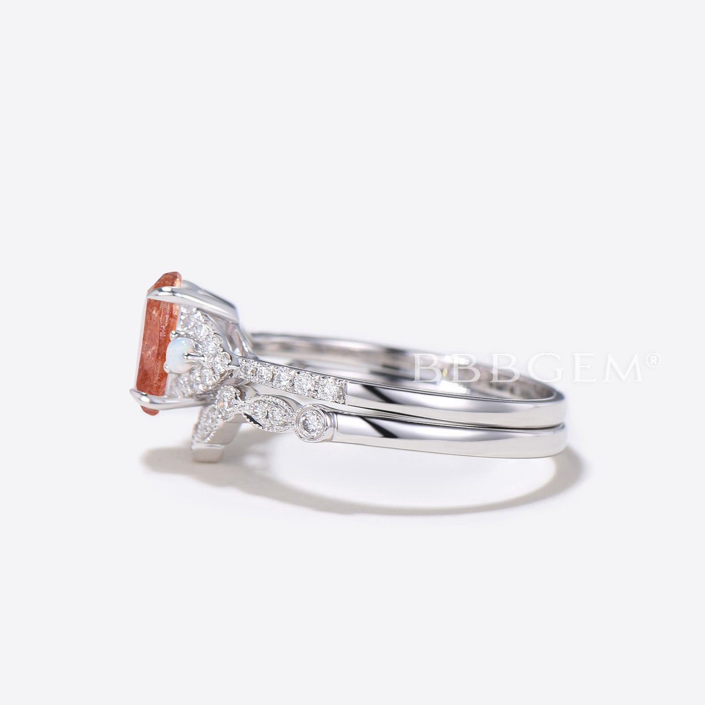 Oval Sunstone Engagement Ring White Gold Cluster Diamond Wedding Ring