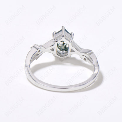 Women Moss Agate Long Hexagon Ring Twig Branch Green Agate Elongated Promise Ring White Gold 925 Silver