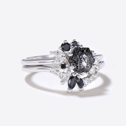 Hexagon Cut Black Rutilated Quartz Ring Cluster Moissanite Ring