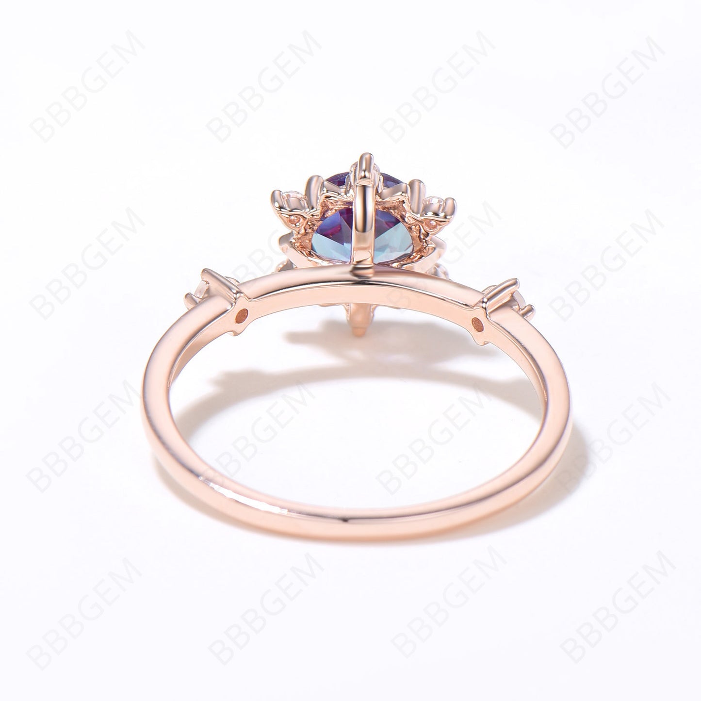 Floral Engagement Ring Rose Gold Round Alexandrite Halo Ring