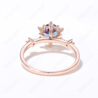 Floral Engagement Ring Rose Gold Round Alexandrite Halo Ring