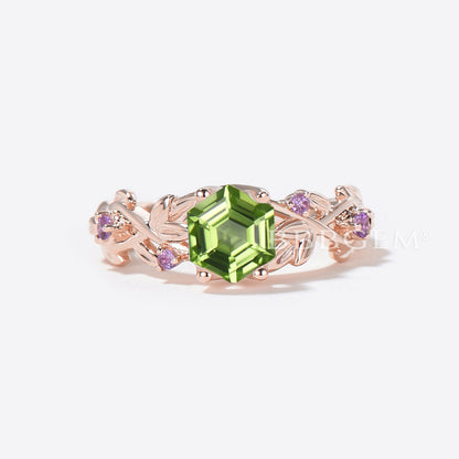 Hexagon Cut Peridot Engagement Ring Twig Leaf Amethyst Ring