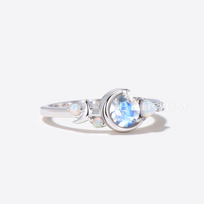 Moon Star Round Natural Moonstone Engagement Ring Opal Wedding Ring