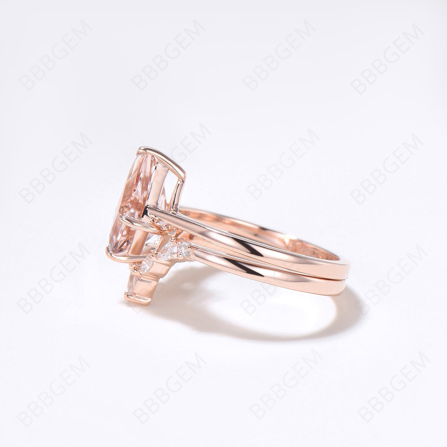 Rose Gold Peach Morganite Engagement Ring Set Unique Kite Cut Natural Peach Morganite Solitaire Bridal Ring Moissanite Curved Wedding Ring