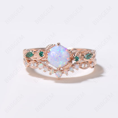 Leaf Vine Opal Bridal Ring Set 10K Rose Gold Hexagon Cut White Opal Engagement Ring Nature Inspired Branch Emerald Ring October Birthstone Ring