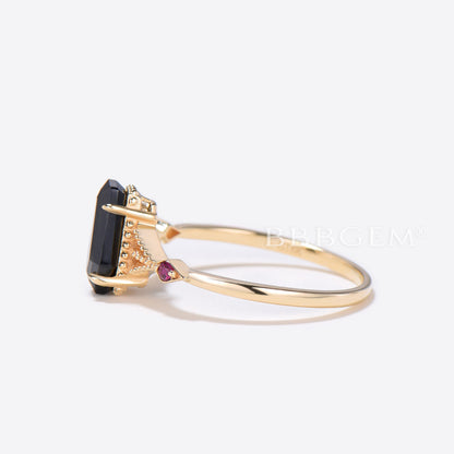 Coffin Shaped Black Onyx Engagement Ring Milgrain Ruby Ring