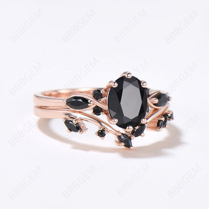 Cluster Oval Natural Black Onyx Engagement Ring Set