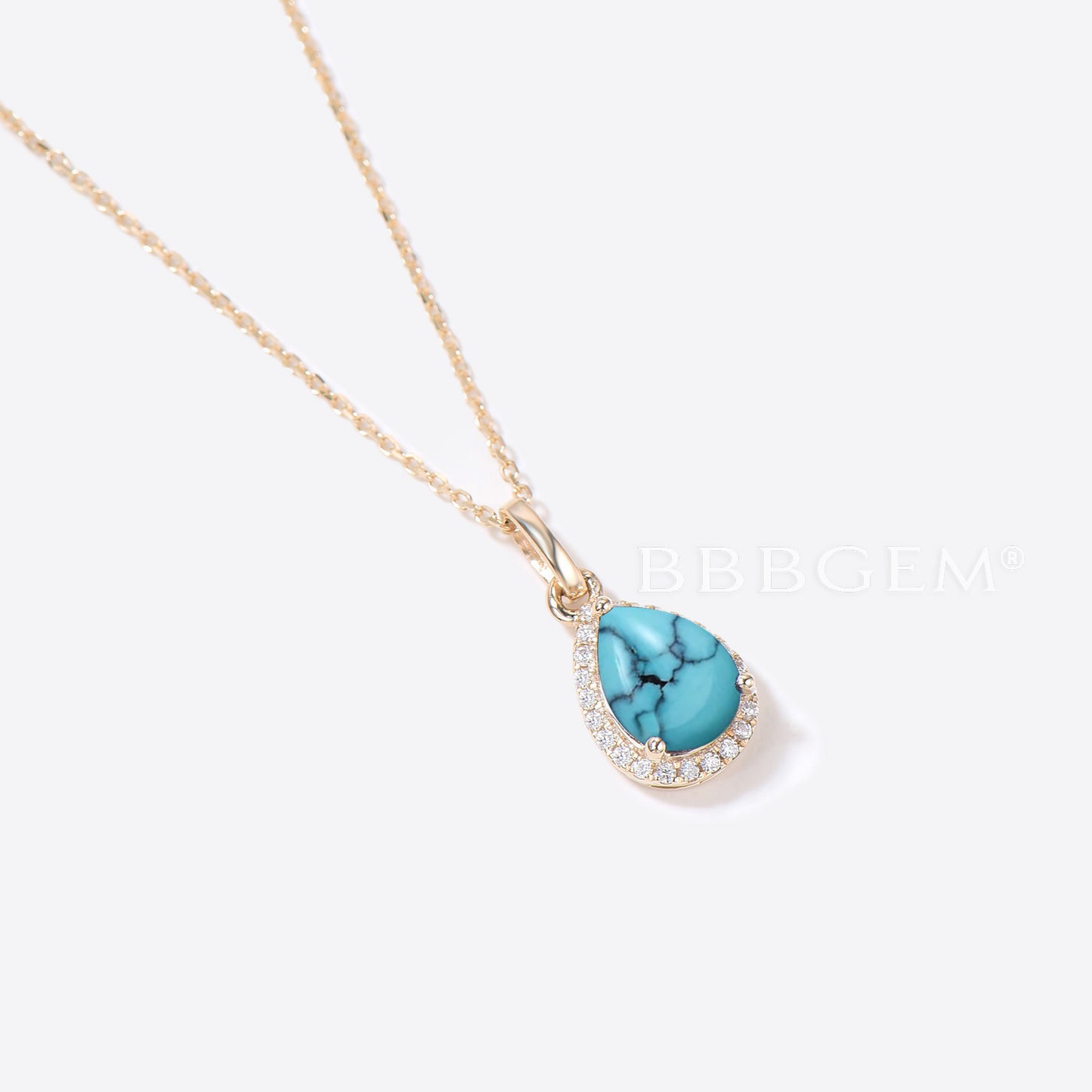 Teardrop Natural Turquoise Necklace 14K Gold Halo Diamond Pendant