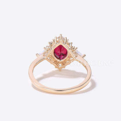 Halo Oval Ruby Engagement Ring Cluster Moissanite Diamond Ring