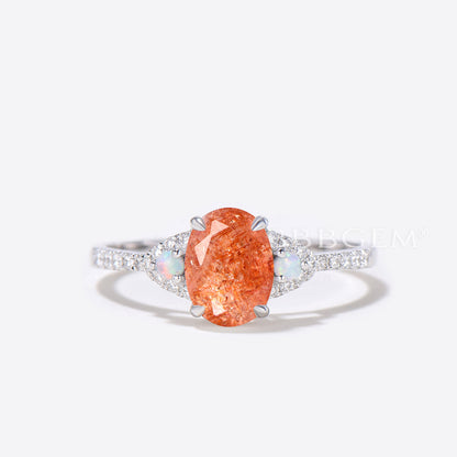 Oval Sunstone Engagement Ring White Gold Cluster Diamond Wedding Ring