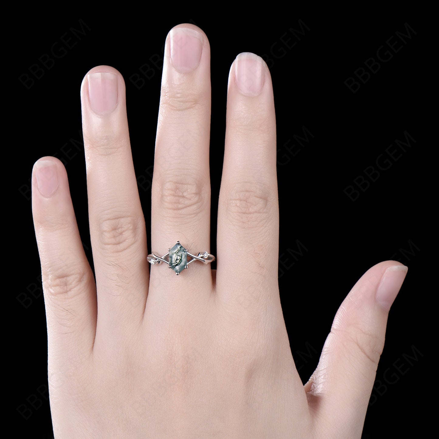 Women Moss Agate Long Hexagon Ring Twig Branch Green Agate Elongated Promise Ring White Gold 925 Silver