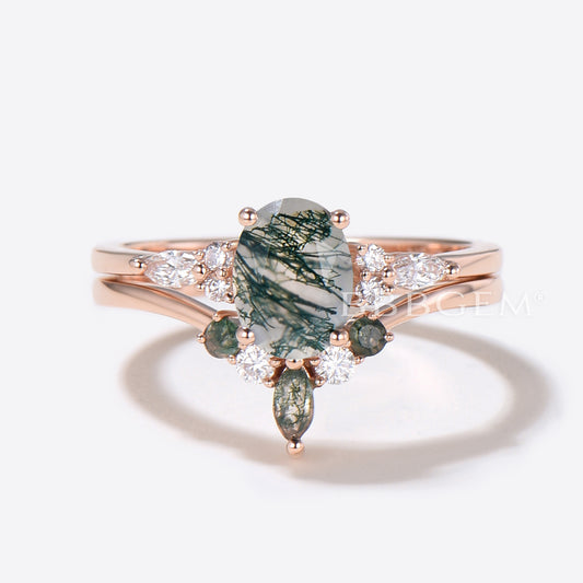 7 Stone Moss Agate Engagement Ring Set Moissanite Bridal Set