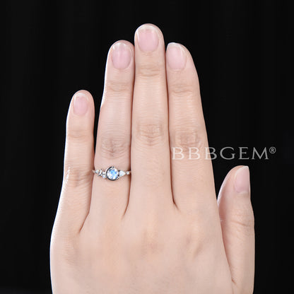 Moon Star Round Natural Moonstone Engagement Ring Opal Wedding Ring