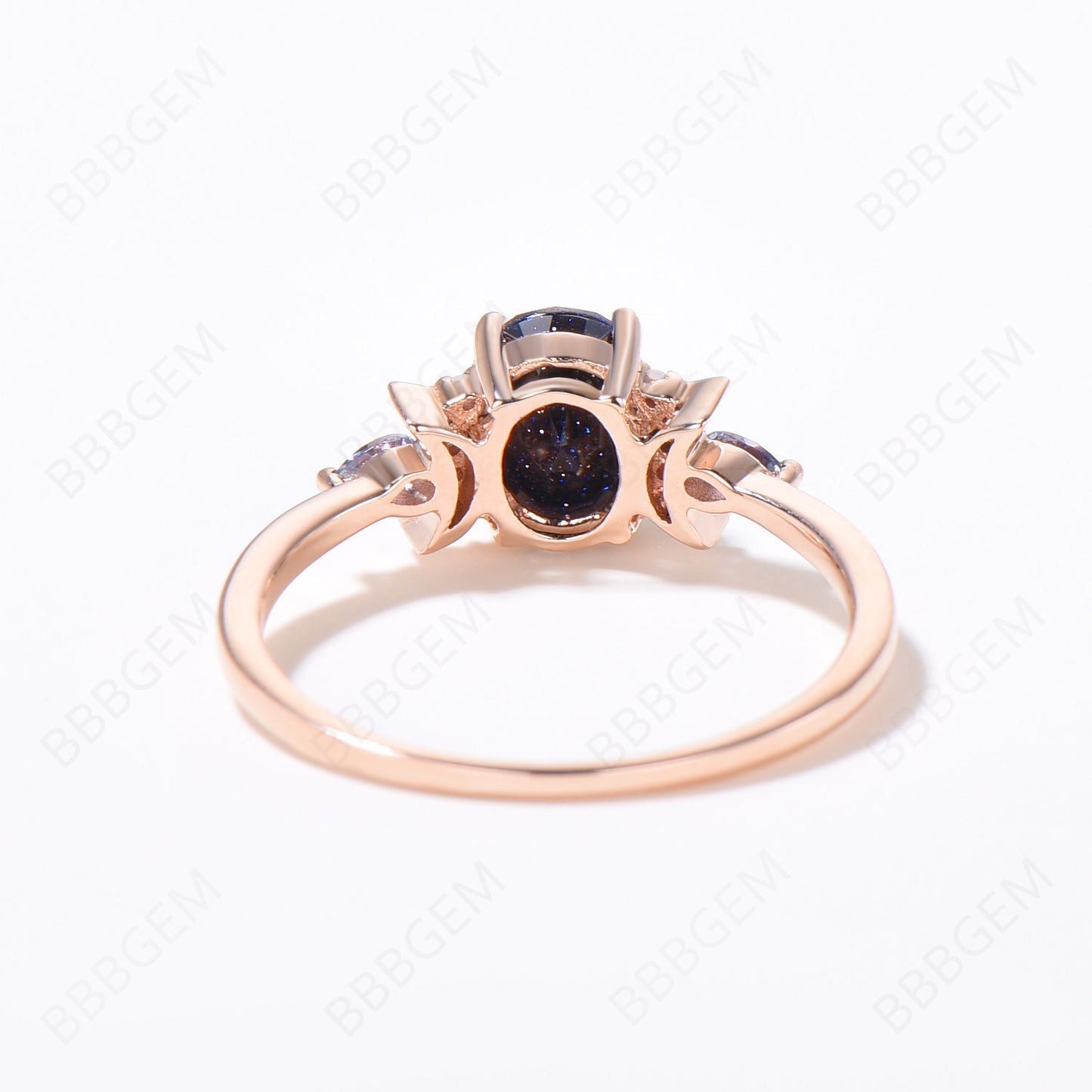 Oval Cut Galaxy Blue Sandstone Engagement Ring Crescent Moon Moissanite Cluster Promise Ring Rose Gold Starry Goldstone Nebula Ring