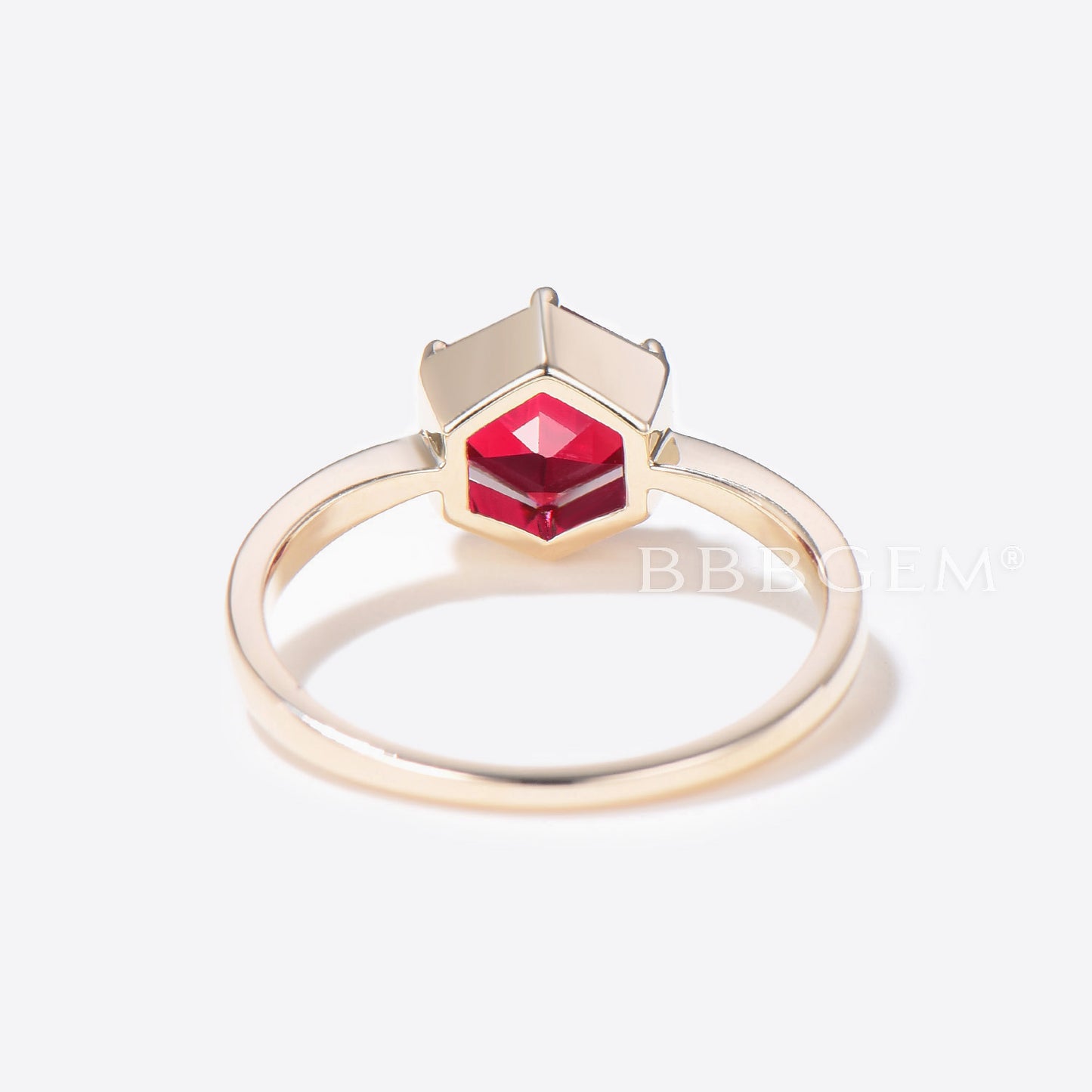 Hexagon Cut Red Ruby Solitaire Ring Gold 6 Prong Wedding Ring