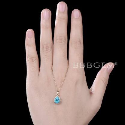 Teardrop Natural Turquoise Necklace 14K Gold Halo Diamond Pendant