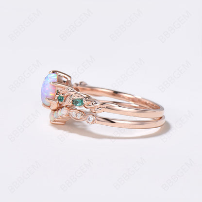 Leaf Vine Opal Bridal Ring Set 10K Rose Gold Hexagon Cut White Opal Engagement Ring Nature Inspired Branch Emerald Ring October Birthstone Ring