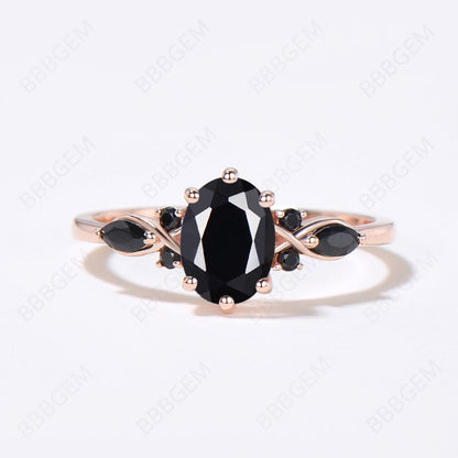 Cluster Oval Natural Black Onyx Engagement Ring Set