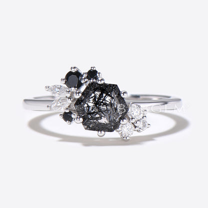 Hexagon Cut Black Rutilated Quartz Ring Cluster Moissanite Ring