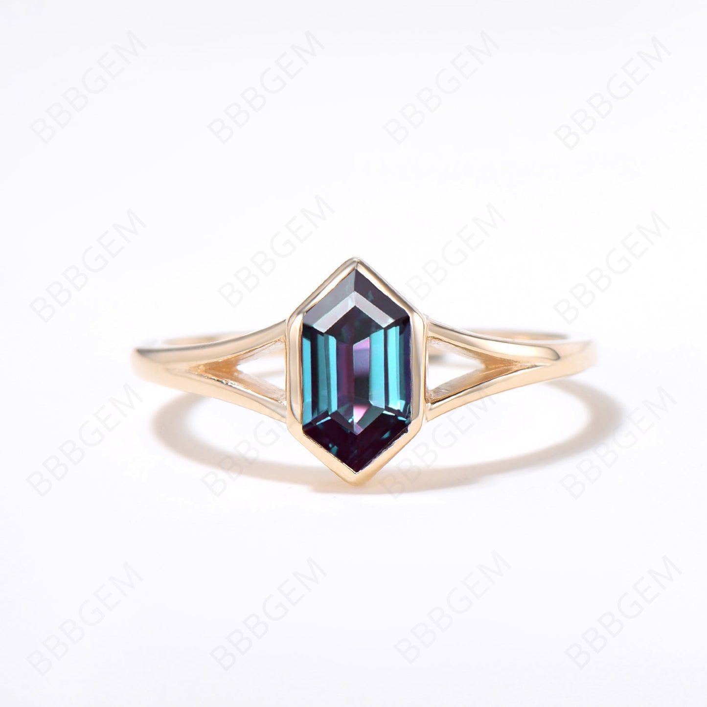 Long Hexagon Cut Alexandrite Engagement Ring Set Split Shank Alexandrite Wedding Ring 14k Solid Gold 3Pcs Diamond Bridal Set Anniversary Gift