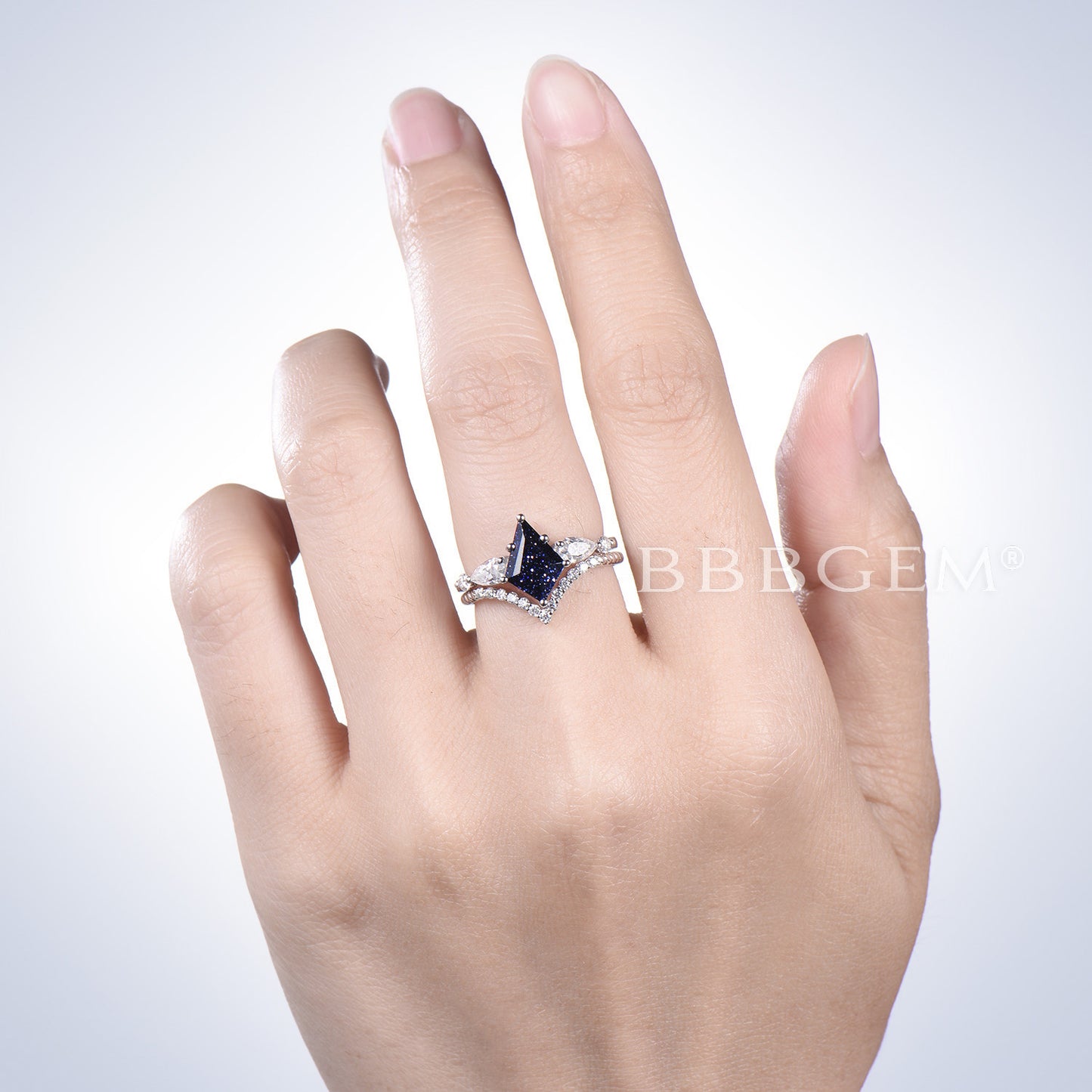 Kite Starry Sky Blue Sandstone Ring 5 Stone Moissanite Bridal Ring Set