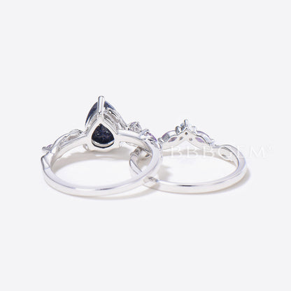 Pear Shaped Blue Sandstone Engagement Ring Branch Leaf Ring