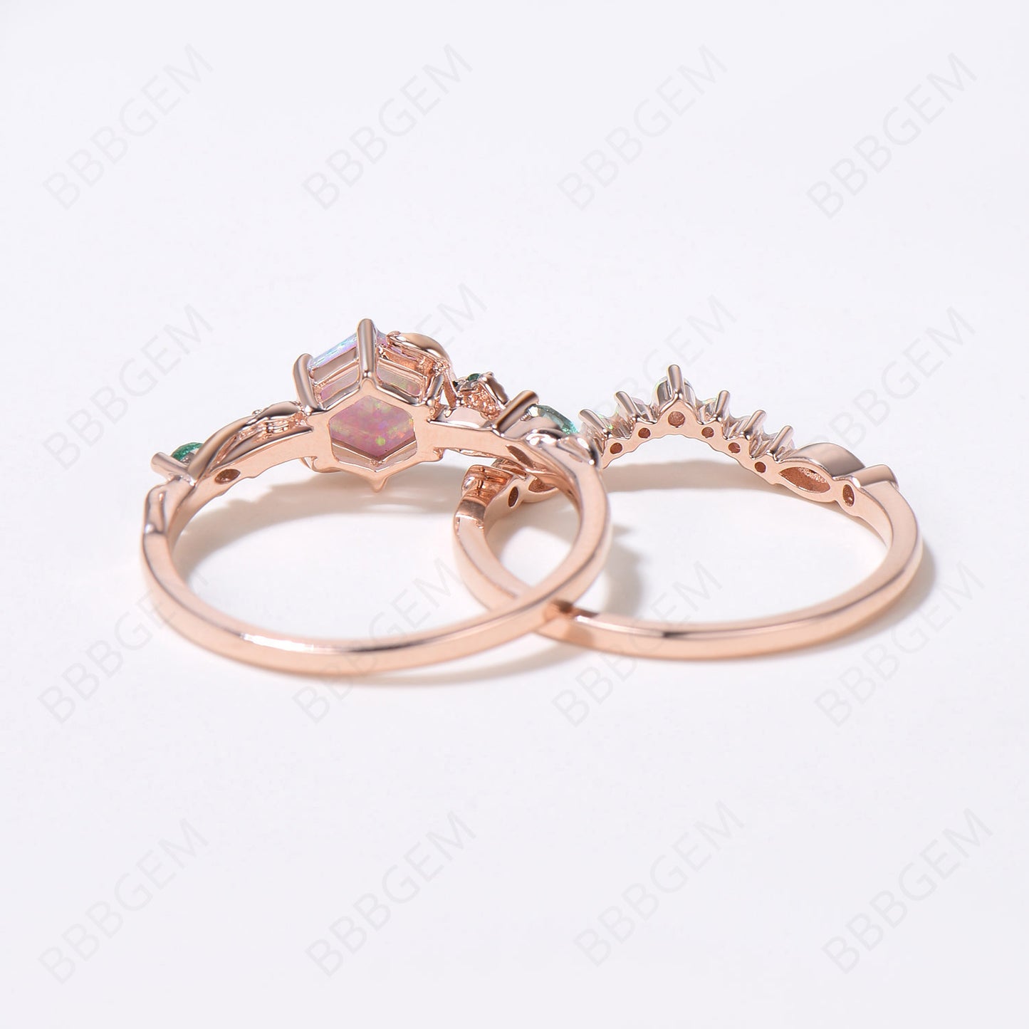 Leaf Vine Opal Bridal Ring Set 10K Rose Gold Hexagon Cut White Opal Engagement Ring Nature Inspired Branch Emerald Ring October Birthstone Ring